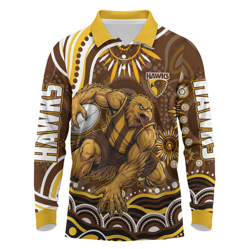 Personalized Hawthorn Hawks AFL Mascot Long Sleeve Polo Shirt Aboriginal Dot Art - Dreamtime Football Mascot