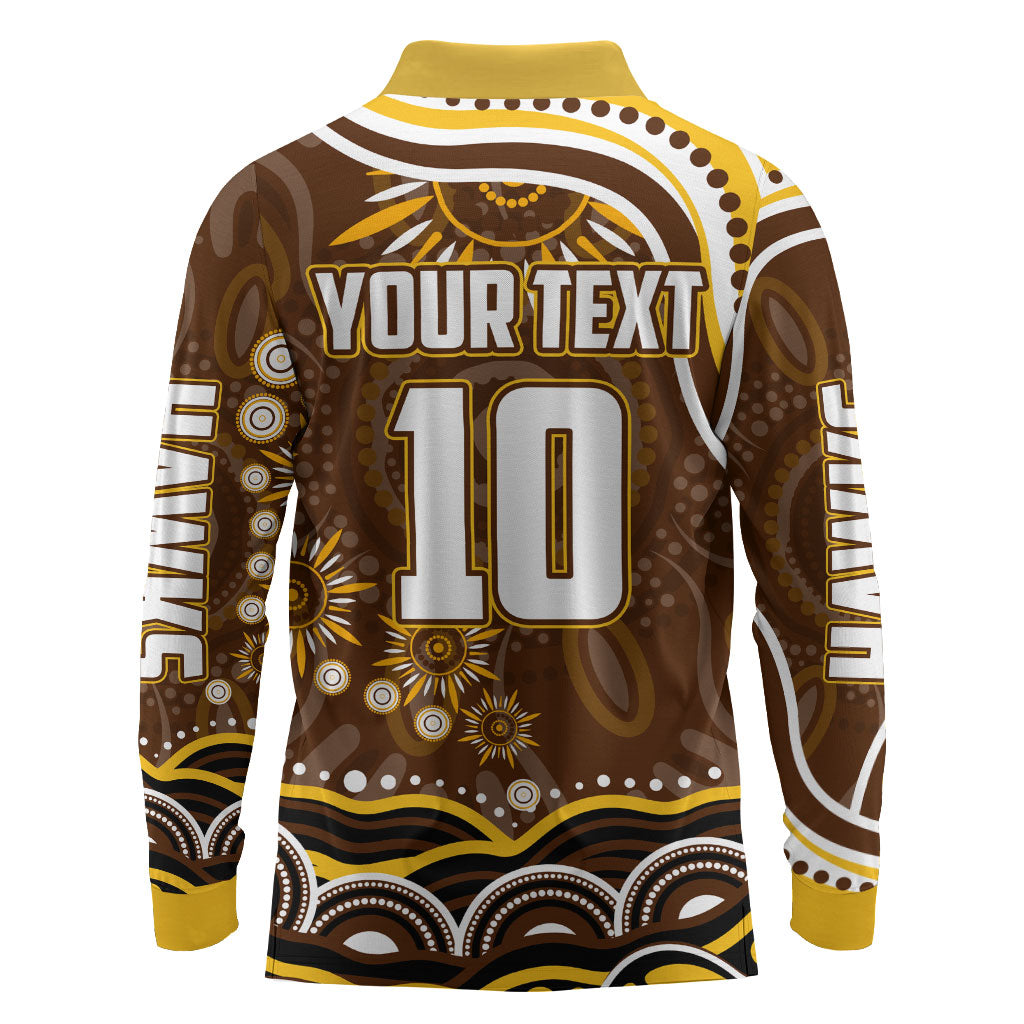 Personalized Hawthorn Hawks AFL Mascot Long Sleeve Polo Shirt Aboriginal Dot Art - Dreamtime Football Mascot