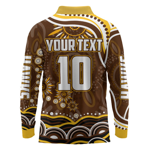 Personalized Hawthorn Hawks AFL Mascot Long Sleeve Polo Shirt Aboriginal Dot Art - Dreamtime Football Mascot