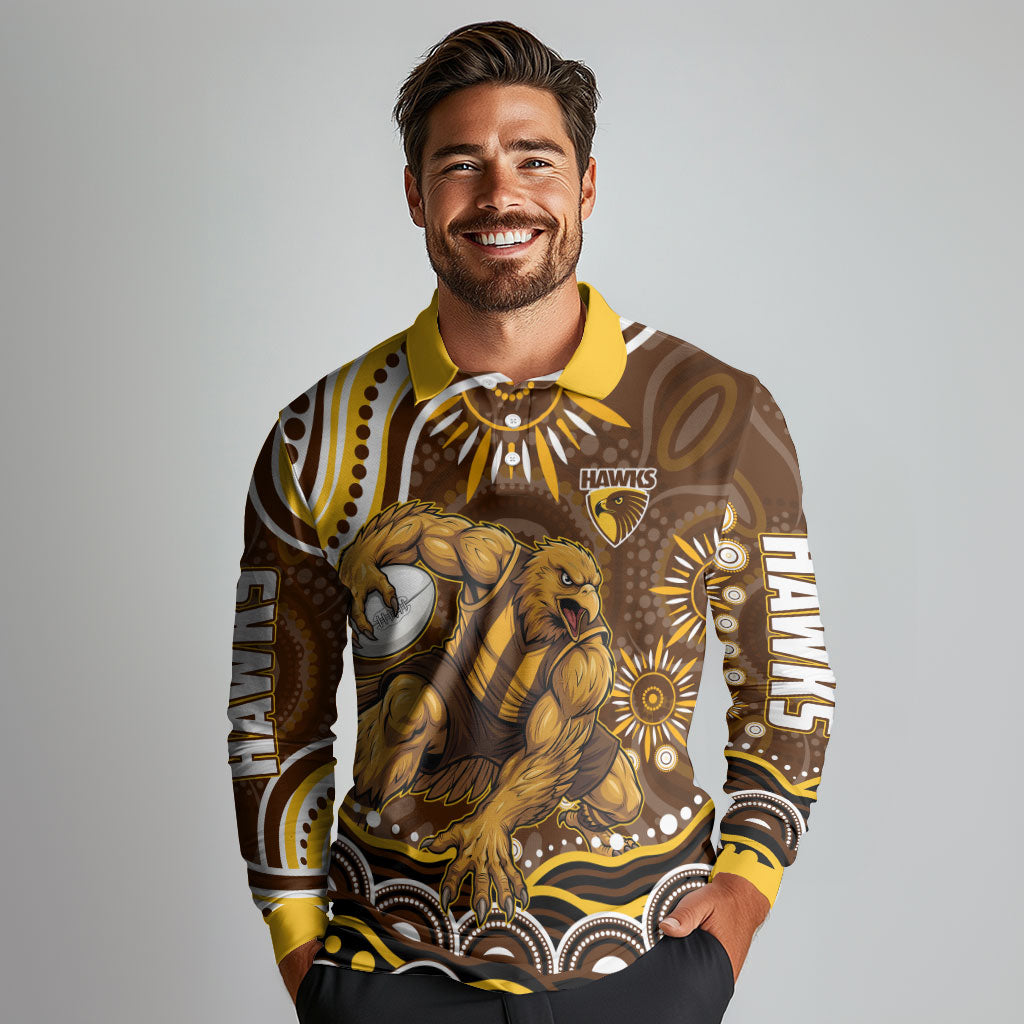 Personalized Hawthorn Hawks AFL Mascot Long Sleeve Polo Shirt Aboriginal Dot Art - Dreamtime Football Mascot