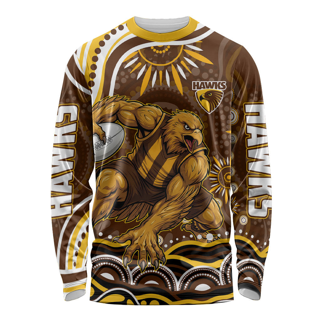 Personalized Hawthorn Hawks AFL Mascot Long Sleeve Shirt Aboriginal Dot Art - Dreamtime Football Mascot