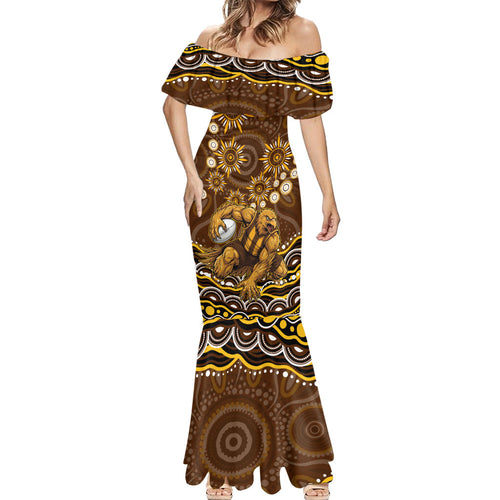 Personalized Hawthorn Hawks AFL Mascot Mermaid Dress Aboriginal Dot Art - Dreamtime Football Mascot