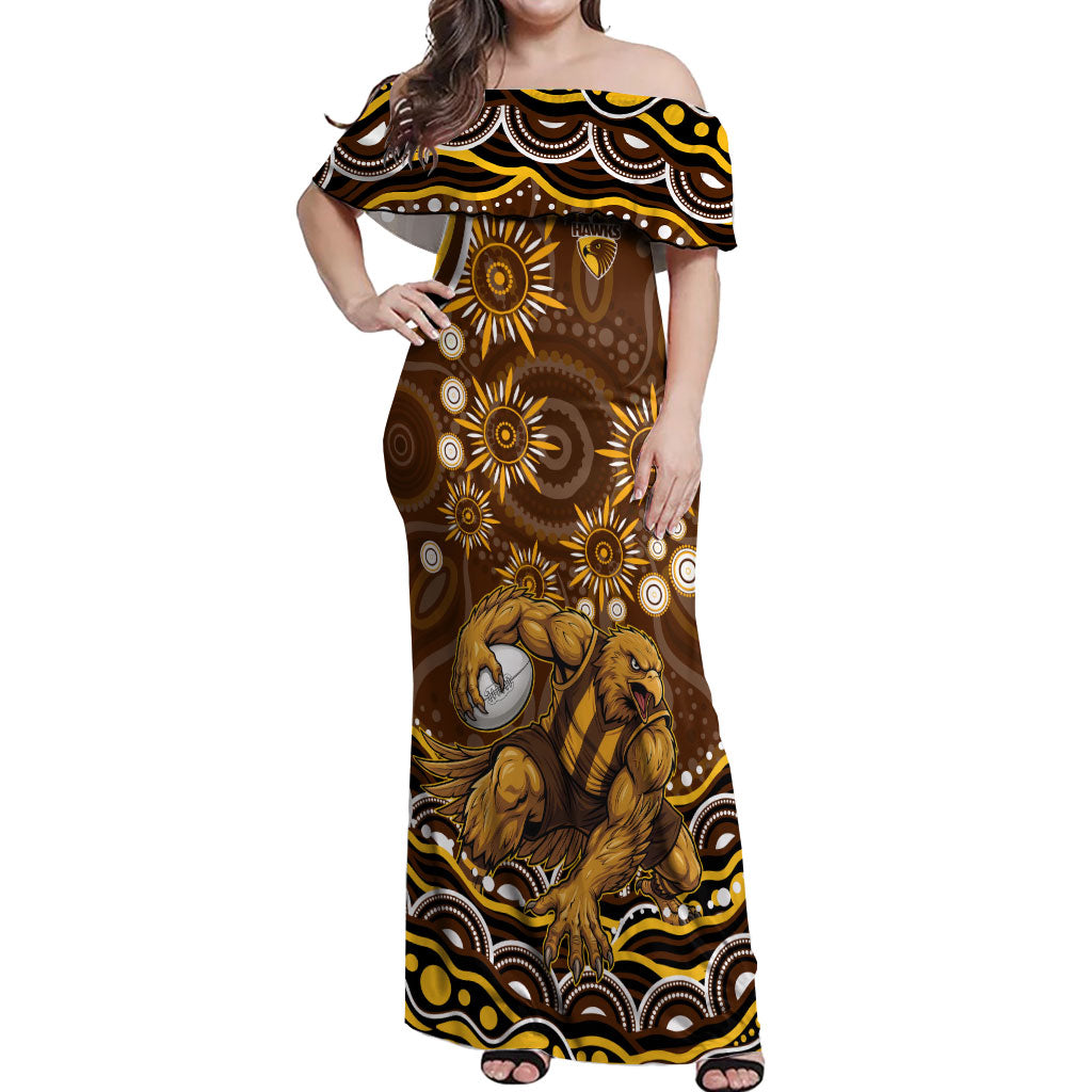 Personalized Hawthorn Hawks AFL Mascot Off Shoulder Maxi Dress Aboriginal Dot Art - Dreamtime Football Mascot