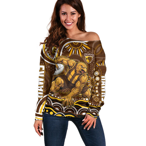 Personalized Hawthorn Hawks AFL Mascot Off Shoulder Sweater Aboriginal Dot Art - Dreamtime Football Mascot