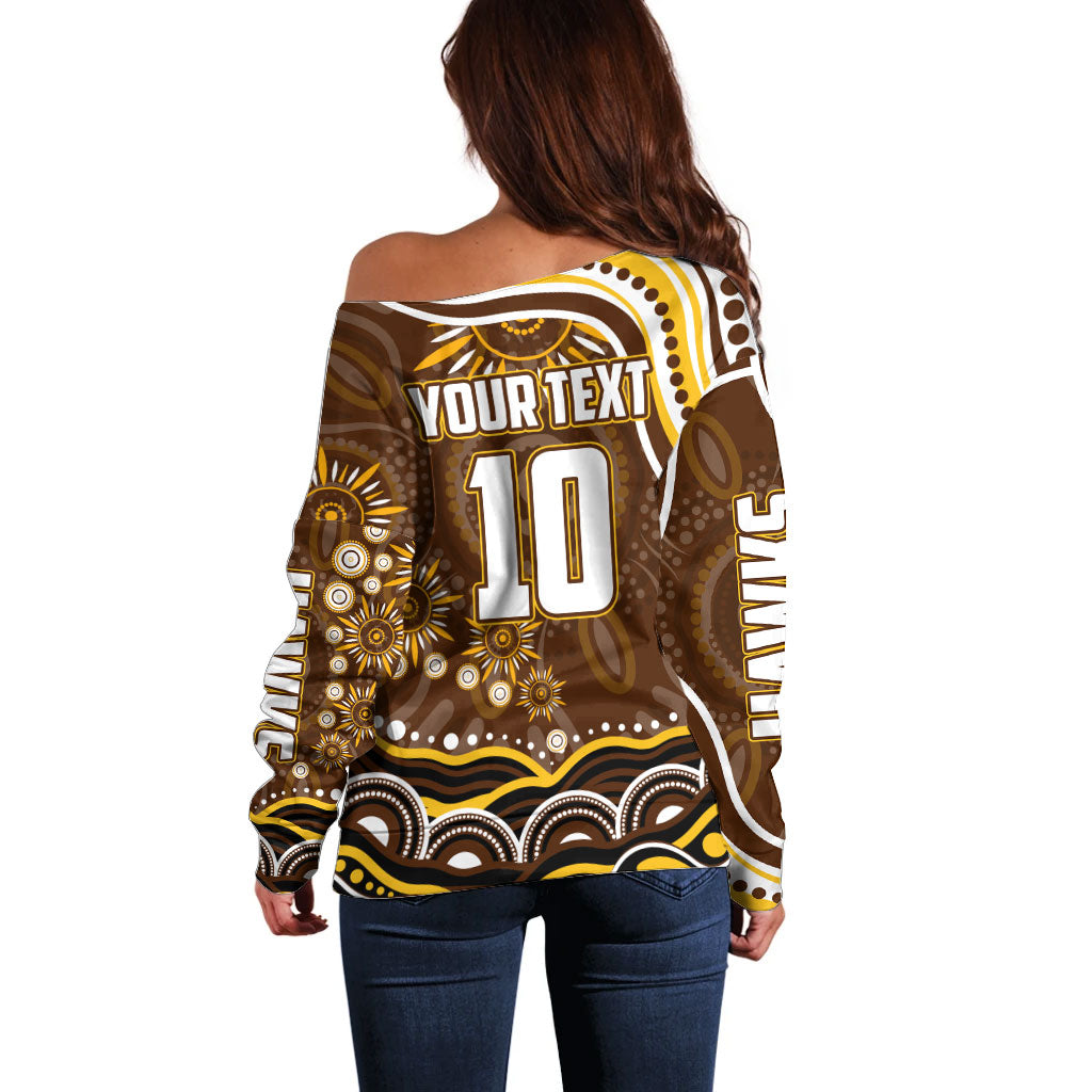 Personalized Hawthorn Hawks AFL Mascot Off Shoulder Sweater Aboriginal Dot Art - Dreamtime Football Mascot