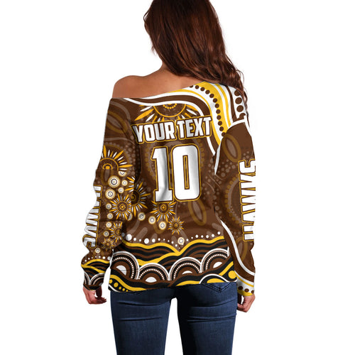 Personalized Hawthorn Hawks AFL Mascot Off Shoulder Sweater Aboriginal Dot Art - Dreamtime Football Mascot