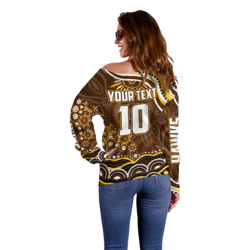 Personalized Hawthorn Hawks AFL Mascot Off Shoulder Sweater Aboriginal Dot Art - Dreamtime Football Mascot