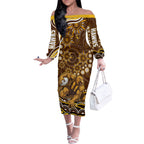 Personalized Hawthorn Hawks AFL Mascot Off The Shoulder Long Sleeve Dress Aboriginal Dot Art - Dreamtime Football Mascot