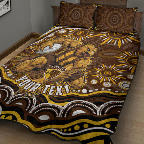Personalized Hawthorn Hawks AFL Mascot Quilt Bed Set Aboriginal Dot Art - Dreamtime Football Mascot