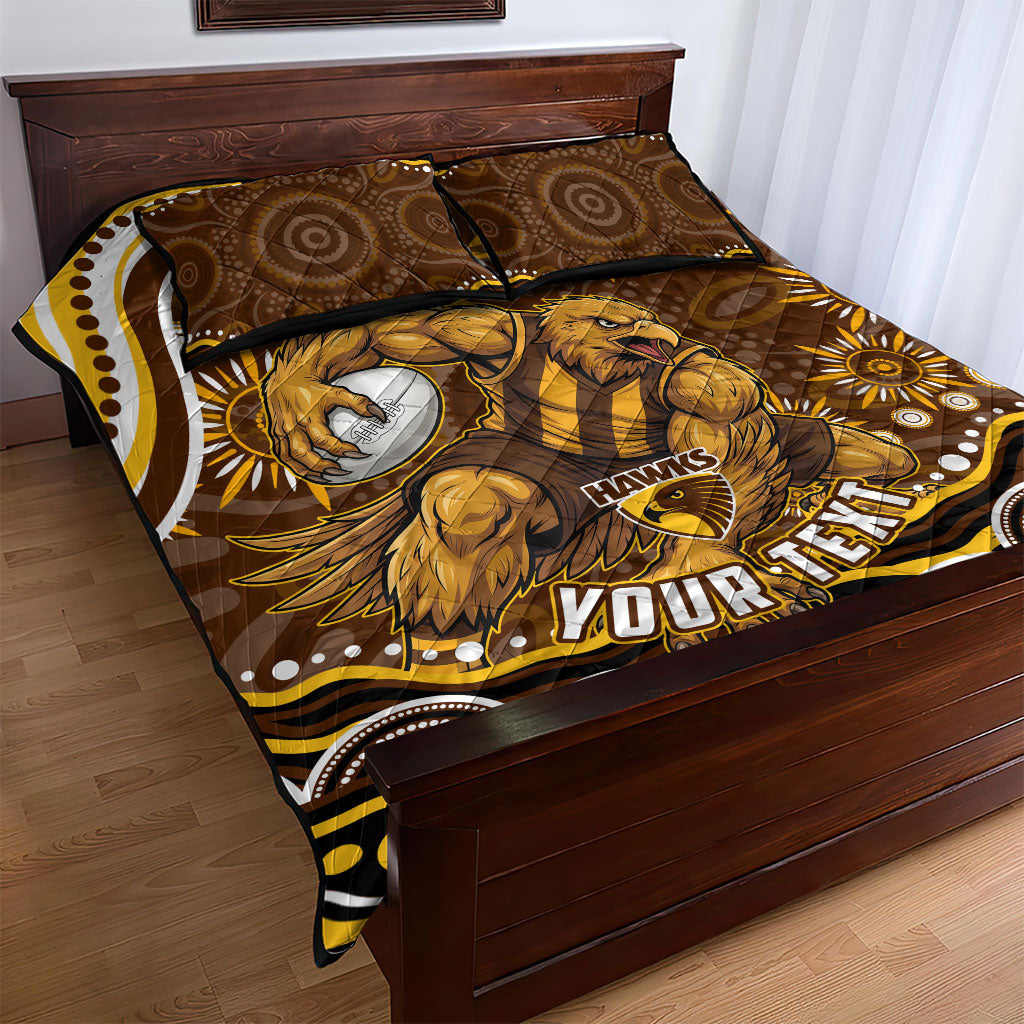 Personalized Hawthorn Hawks AFL Mascot Quilt Bed Set Aboriginal Dot Art - Dreamtime Football Mascot