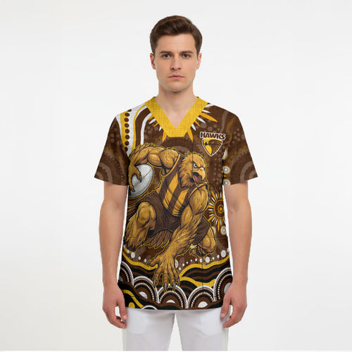 Personalized Hawthorn Hawks AFL Mascot Scrub Top Aboriginal Dot Art - Dreamtime Football Mascot