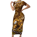 Personalized Hawthorn Hawks AFL Mascot Short Sleeve Bodycon Dress Aboriginal Dot Art - Dreamtime Football Mascot