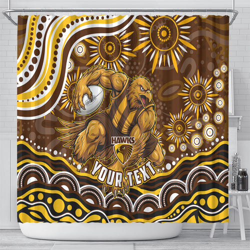 Personalized Hawthorn Hawks AFL Mascot Shower Curtain Aboriginal Dot Art - Dreamtime Football Mascot