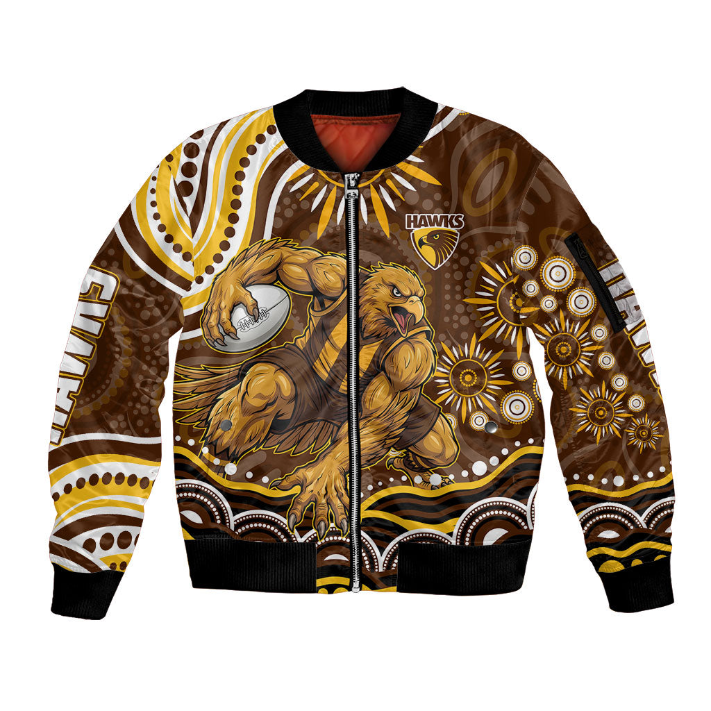 Personalized Hawthorn Hawks AFL Mascot Sleeve Zip Bomber Jacket Aboriginal Dot Art - Dreamtime Football Mascot