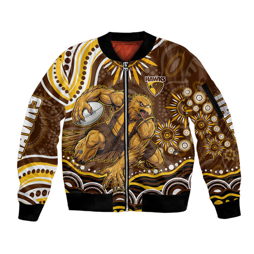 Personalized Hawthorn Hawks AFL Mascot Sleeve Zip Bomber Jacket Aboriginal Dot Art - Dreamtime Football Mascot