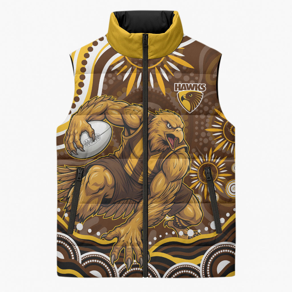 Personalized Hawthorn Hawks AFL Mascot Sleeveless Puffer Jacket Aboriginal Dot Art - Dreamtime Football Mascot
