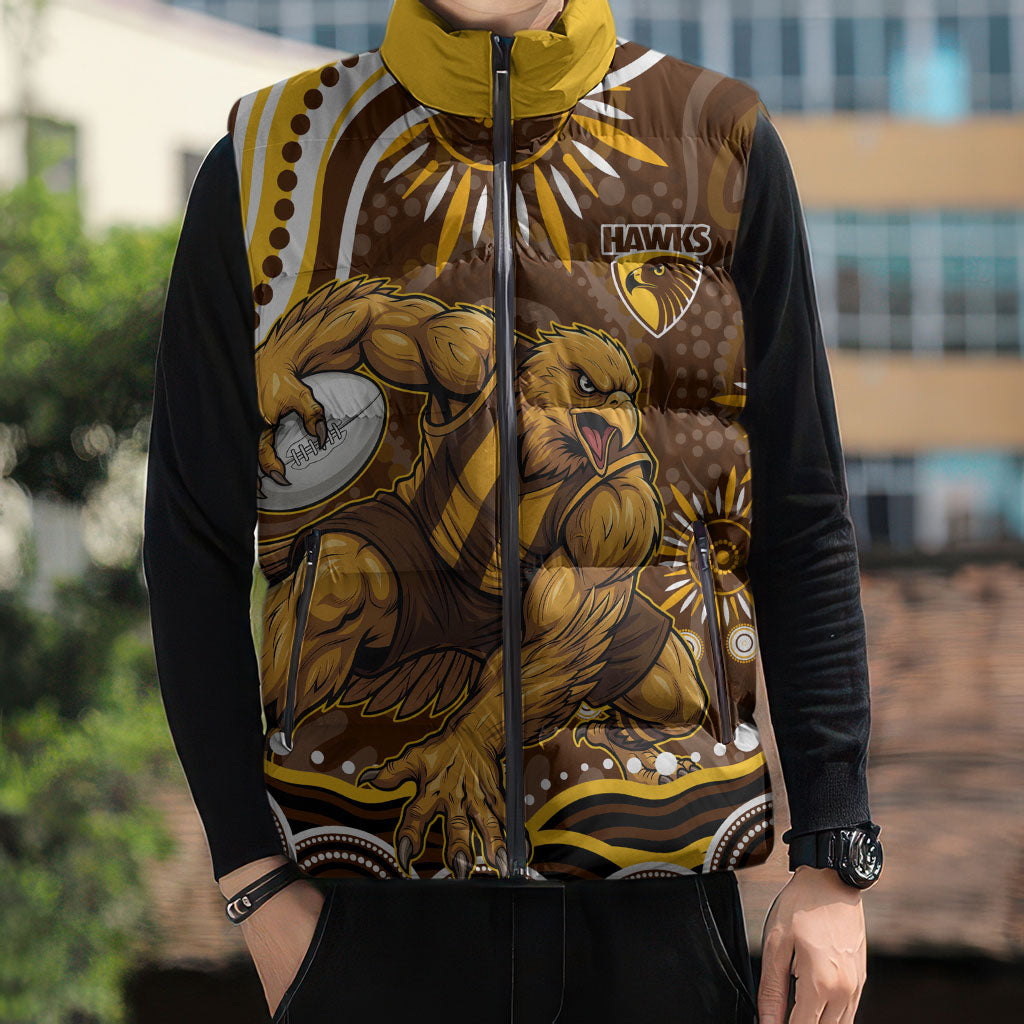 Personalized Hawthorn Hawks AFL Mascot Sleeveless Puffer Jacket Aboriginal Dot Art - Dreamtime Football Mascot