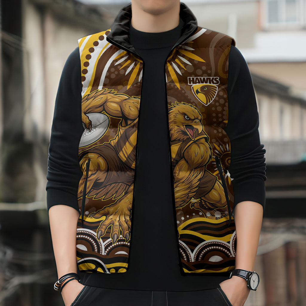 Personalized Hawthorn Hawks AFL Mascot Sleeveless Puffer Jacket Aboriginal Dot Art - Dreamtime Football Mascot