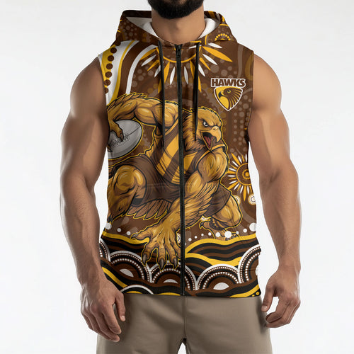 Personalized Hawthorn Hawks AFL Mascot Sleeveless Zip Hoodie Aboriginal Dot Art - Dreamtime Football Mascot