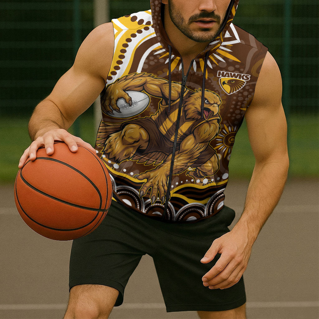 Personalized Hawthorn Hawks AFL Mascot Sleeveless Zip Hoodie Aboriginal Dot Art - Dreamtime Football Mascot