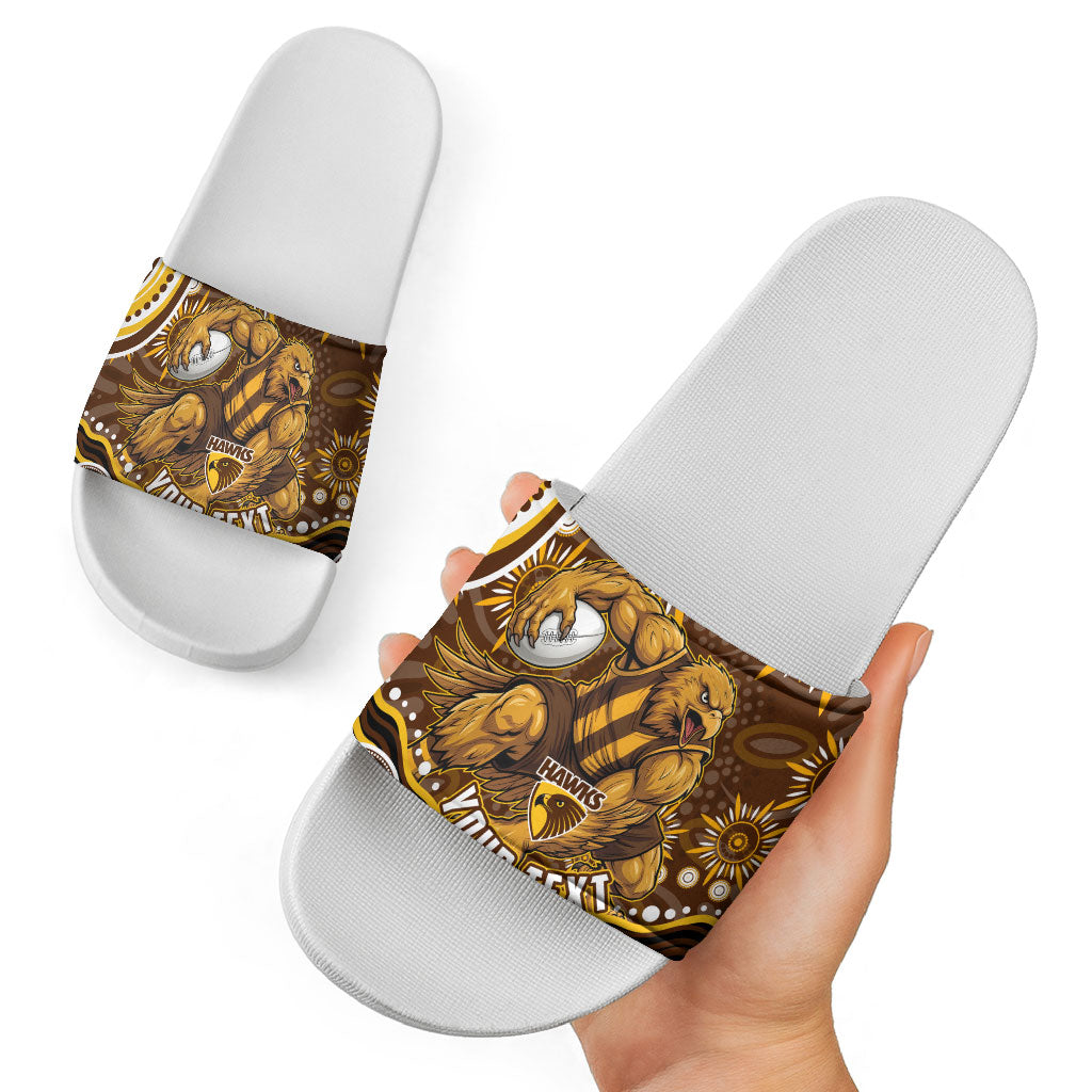 Personalized Hawthorn Hawks AFL Mascot Slide Sandals Aboriginal Dot Art - Dreamtime Football Mascot
