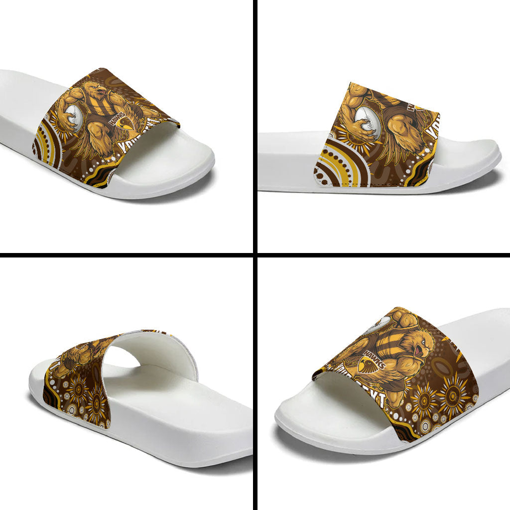 Personalized Hawthorn Hawks AFL Mascot Slide Sandals Aboriginal Dot Art - Dreamtime Football Mascot