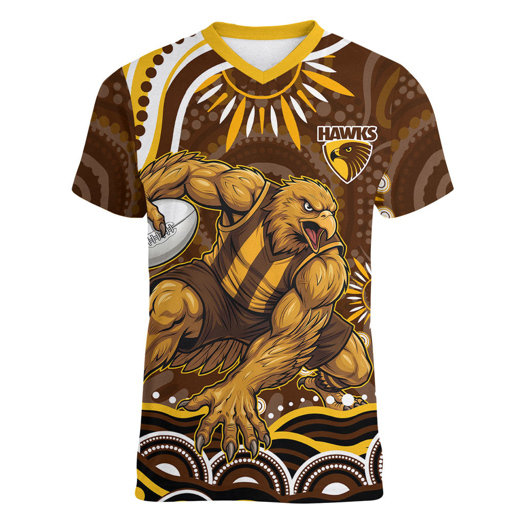 Personalized Hawthorn Hawks AFL Mascot Women V-Neck T-Shirt Aboriginal Dot Art - Dreamtime Football Mascot