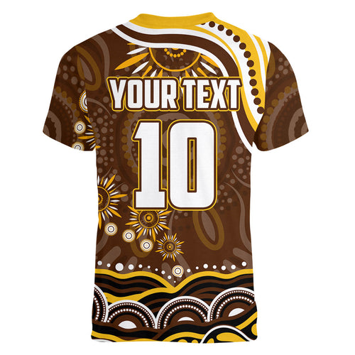 Personalized Hawthorn Hawks AFL Mascot Women V-Neck T-Shirt Aboriginal Dot Art - Dreamtime Football Mascot