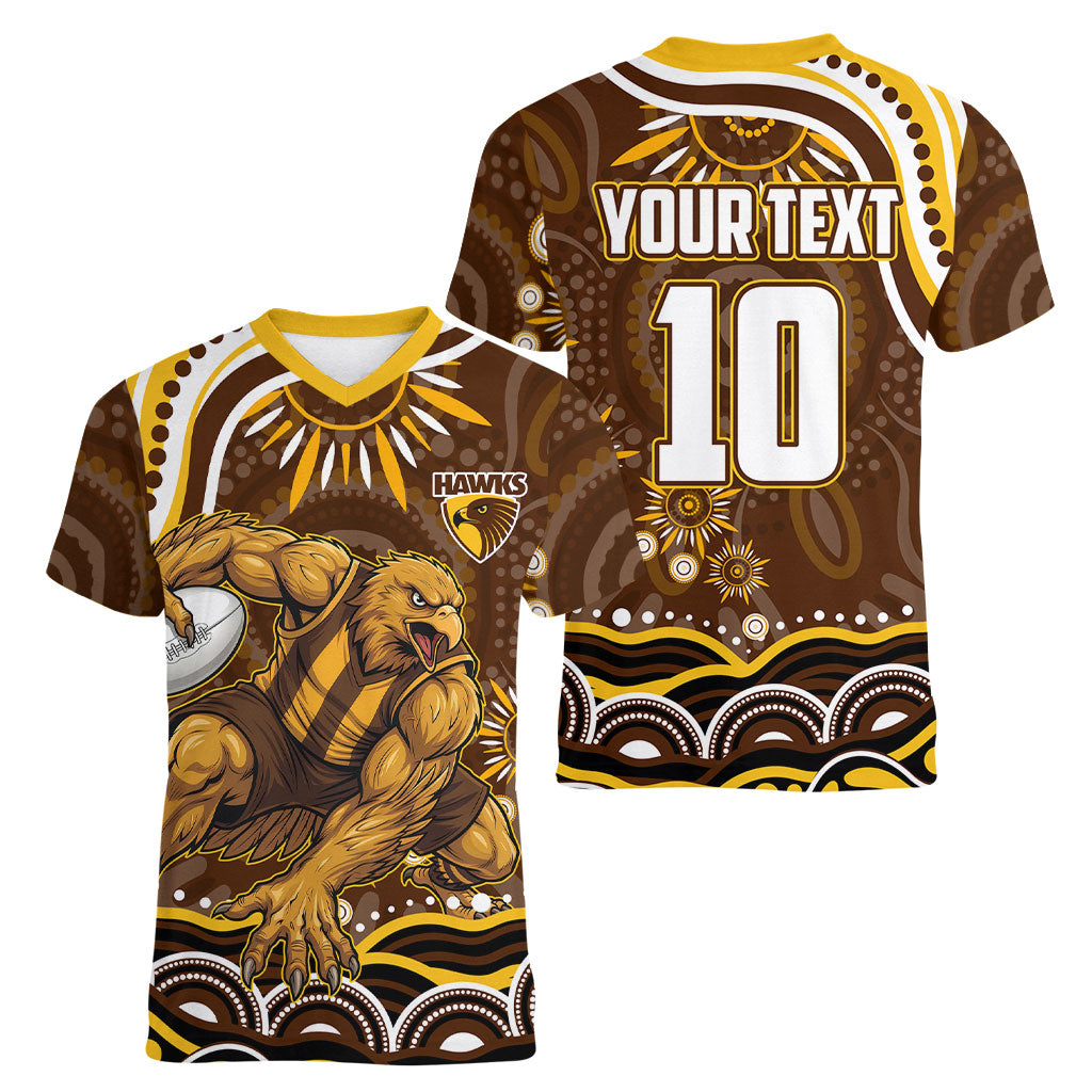 Personalized Hawthorn Hawks AFL Mascot Women V-Neck T-Shirt Aboriginal Dot Art - Dreamtime Football Mascot