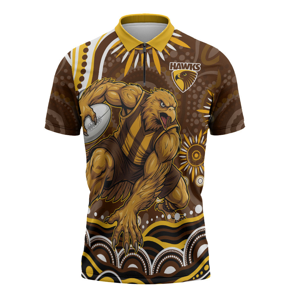 Personalized Hawthorn Hawks AFL Mascot Zipper Polo Shirt Aboriginal Dot Art - Dreamtime Football Mascot