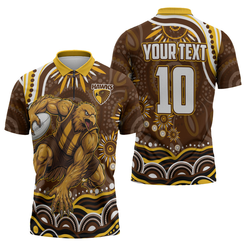 Personalized Hawthorn Hawks AFL Mascot Zipper Polo Shirt Aboriginal Dot Art - Dreamtime Football Mascot