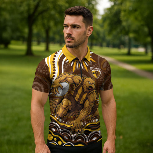 Personalized Hawthorn Hawks AFL Mascot Zipper Polo Shirt Aboriginal Dot Art - Dreamtime Football Mascot