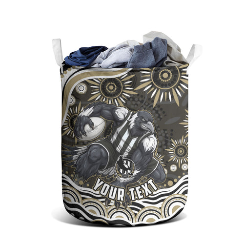 Personalized Collingwood Magpies Football Laundry Basket Aboriginal Dot Art - Dreamtime Football Mascot
