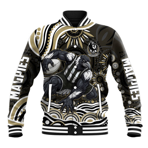 Personalized Collingwood Magpies Football Baseball Jacket Aboriginal Dot Art - Dreamtime Football Mascot
