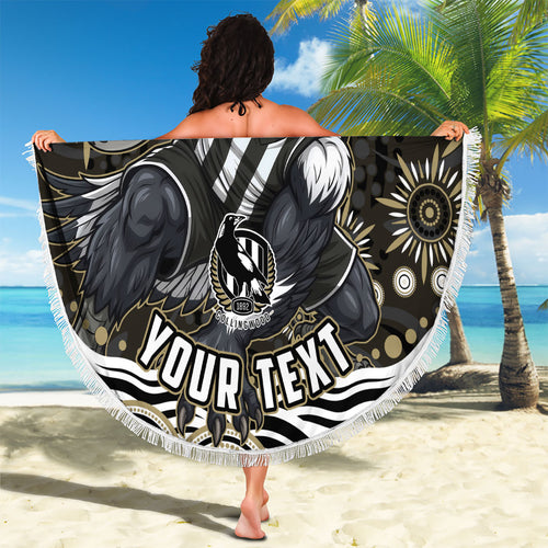 Personalized Collingwood Magpies Football Beach Blanket Aboriginal Dot Art - Dreamtime Football Mascot