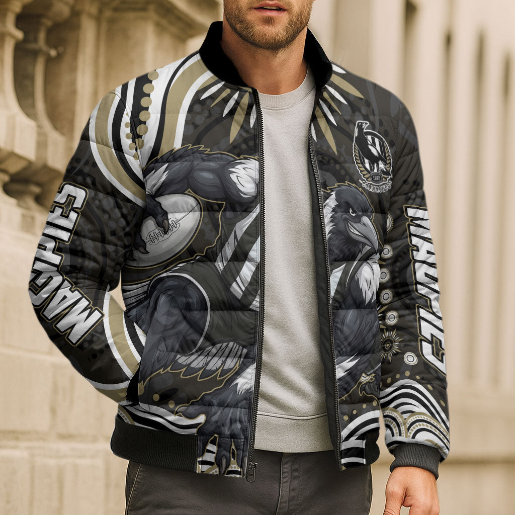 Personalized Collingwood Magpies Football Bomber Puffer Jacket Aboriginal Dot Art - Dreamtime Football Mascot
