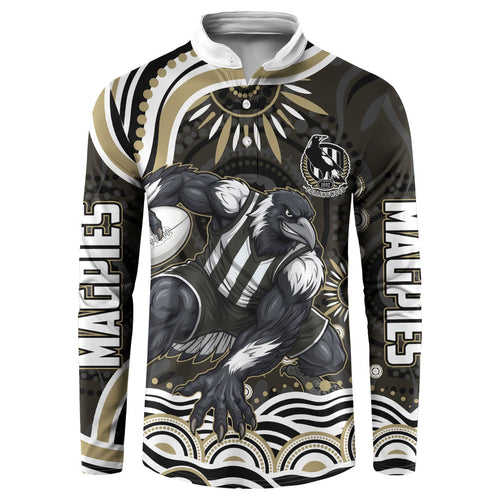 Personalized Collingwood Magpies Football Button Sweatshirt Aboriginal Dot Art - Dreamtime Football Mascot