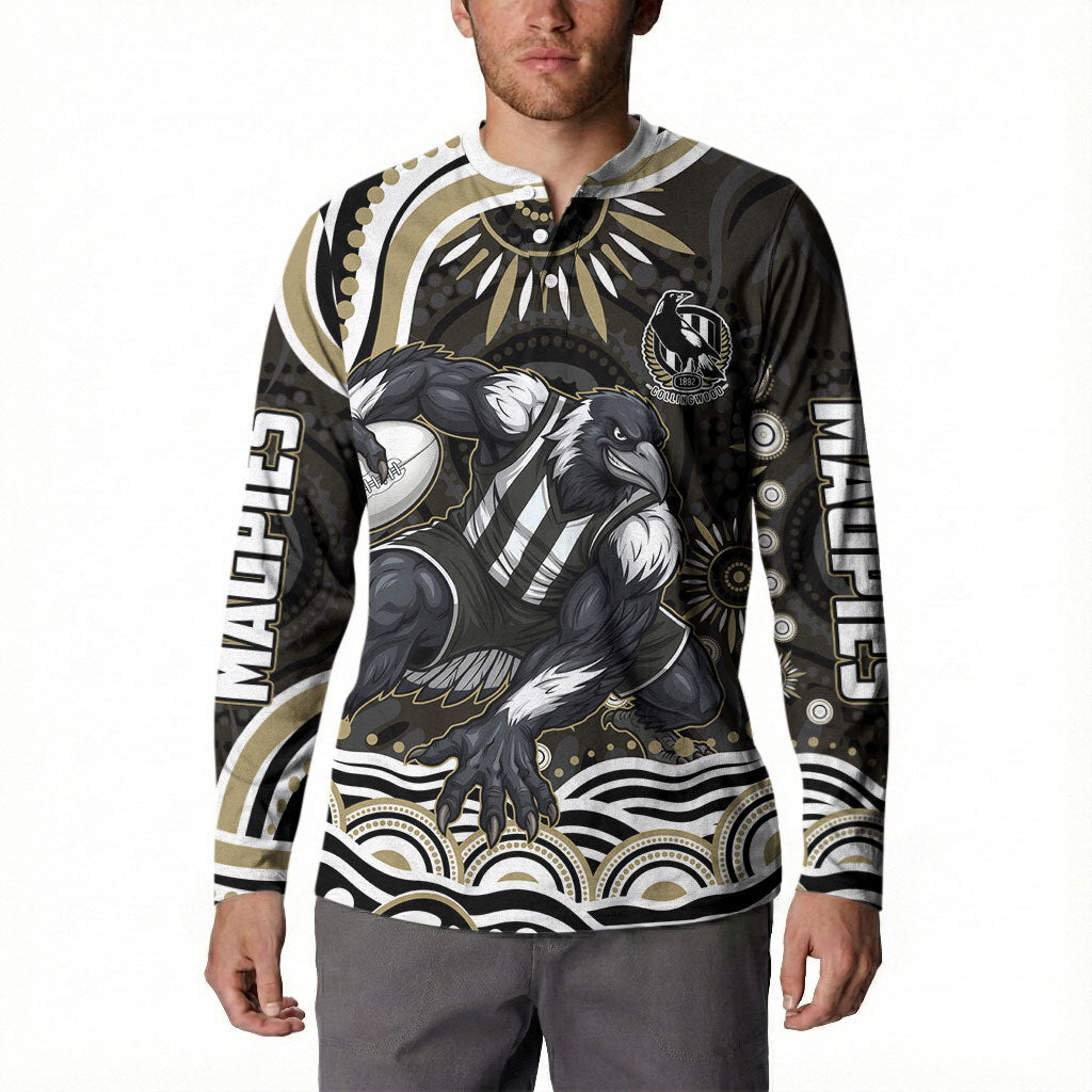 Personalized Collingwood Magpies Football Button Sweatshirt Aboriginal Dot Art - Dreamtime Football Mascot