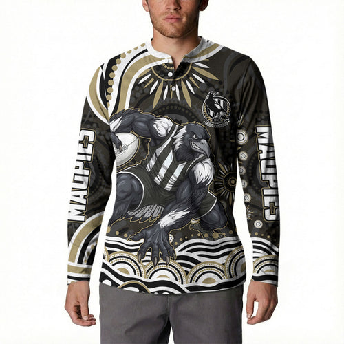 Personalized Collingwood Magpies Football Button Sweatshirt Aboriginal Dot Art - Dreamtime Football Mascot