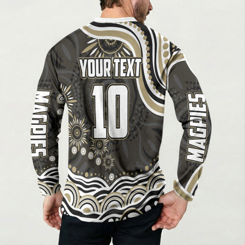 Personalized Collingwood Magpies Football Button Sweatshirt Aboriginal Dot Art - Dreamtime Football Mascot