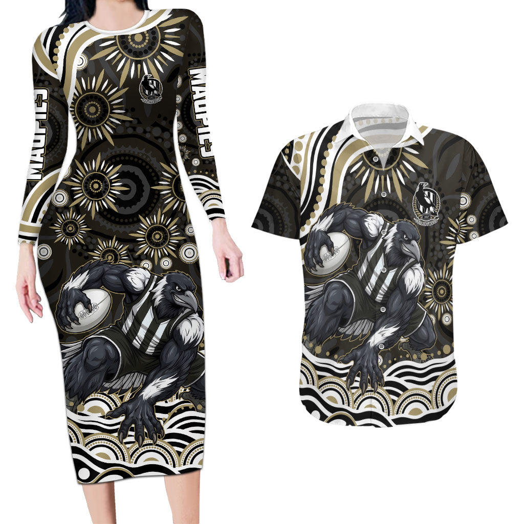 Personalized Collingwood Magpies Football Couples Matching Long Sleeve Bodycon Dress and Hawaiian Shirt Aboriginal Dot Art - Dreamtime Football Mascot