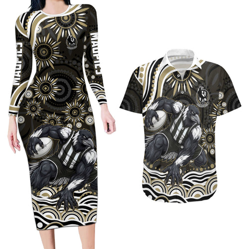 Personalized Collingwood Magpies Football Couples Matching Long Sleeve Bodycon Dress and Hawaiian Shirt Aboriginal Dot Art - Dreamtime Football Mascot