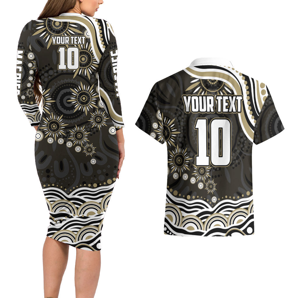 Personalized Collingwood Magpies Football Couples Matching Long Sleeve Bodycon Dress and Hawaiian Shirt Aboriginal Dot Art - Dreamtime Football Mascot