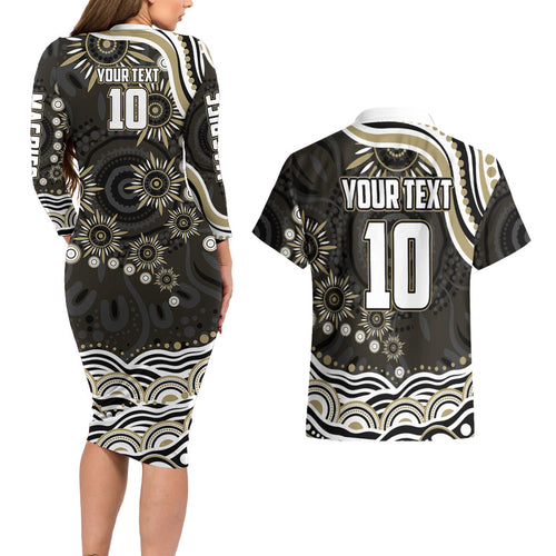 Personalized Collingwood Magpies Football Couples Matching Long Sleeve Bodycon Dress and Hawaiian Shirt Aboriginal Dot Art - Dreamtime Football Mascot
