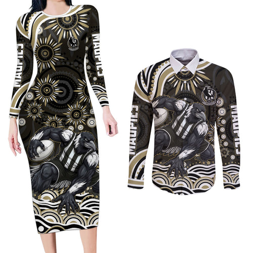 Personalized Collingwood Magpies Football Couples Matching Long Sleeve Bodycon Dress and Long Sleeve Button Shirt Aboriginal Dot Art - Dreamtime Football Mascot