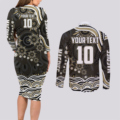 Personalized Collingwood Magpies Football Couples Matching Long Sleeve Bodycon Dress and Long Sleeve Button Shirt Aboriginal Dot Art - Dreamtime Football Mascot