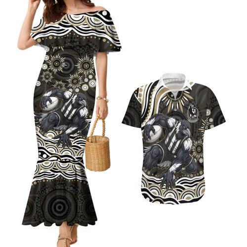Personalized Collingwood Magpies Football Couples Matching Mermaid Dress and Hawaiian Shirt Aboriginal Dot Art - Dreamtime Football Mascot