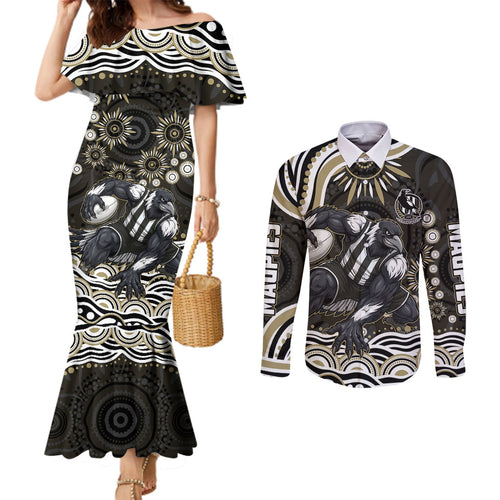 Personalized Collingwood Magpies Football Couples Matching Mermaid Dress and Long Sleeve Button Shirt Aboriginal Dot Art - Dreamtime Football Mascot