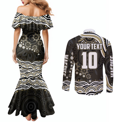 Personalized Collingwood Magpies Football Couples Matching Mermaid Dress and Long Sleeve Button Shirt Aboriginal Dot Art - Dreamtime Football Mascot