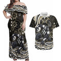 Personalized Collingwood Magpies Football Couples Matching Off Shoulder Maxi Dress and Hawaiian Shirt Aboriginal Dot Art - Dreamtime Football Mascot